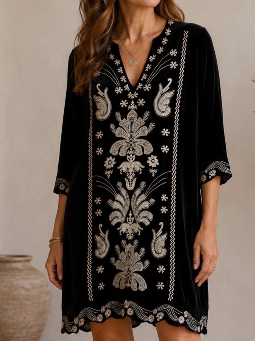 Johnny Was Black Tunic with White Embroidered Floral Motif B3